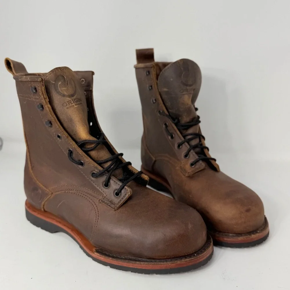 Origin Maine USA Mens 9 Inch Leather Work Boots Brown Safety Toe 10 EE Vibram